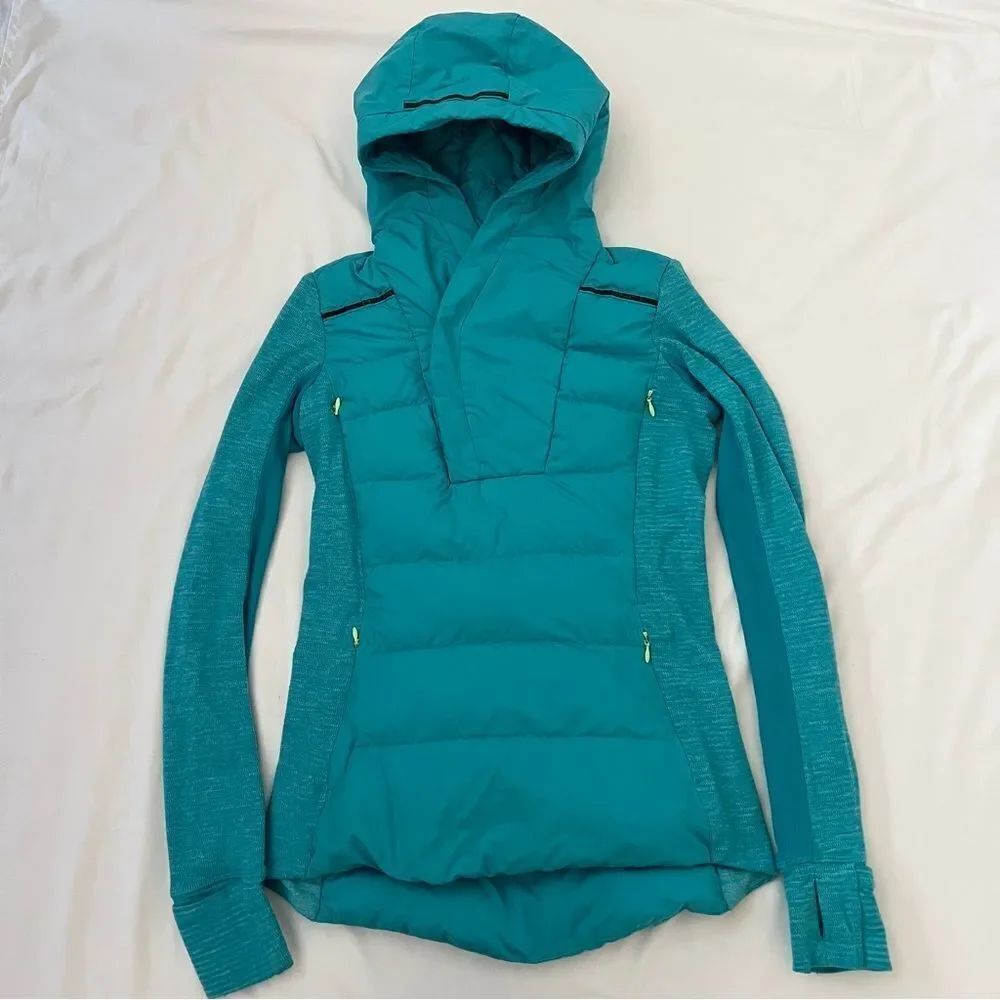 Lululemon Fluff Off Down Jacket Size 4 Pullover Puffer Hooded Blue Teal Goose - Picture 2 of 7